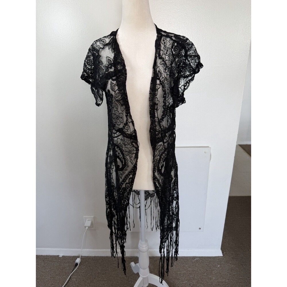 Black Lace Fringe Kimono Cardigan beach Cover Up Boho Festival Gothic Size S - Picture 1 of 5